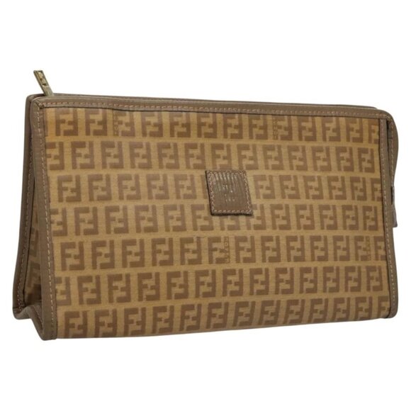 FENDI Zucchino Canvas Clutch Bag Vintage Beige Auth - Picture 1 of 15